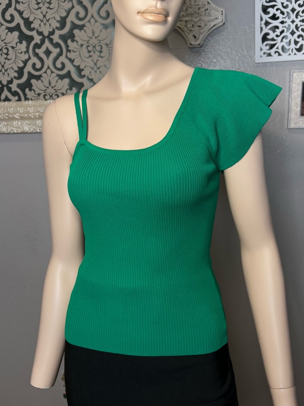 Green One-Shoulder Ruffle Knit Top - Picture 7 of 12
